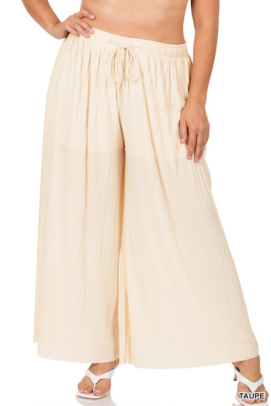 PLUS WOVEN PLEATED WIDE LEG PANTS WITH LINING