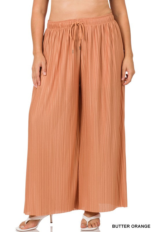 PLUS WOVEN PLEATED WIDE LEG PANTS WITH LINING