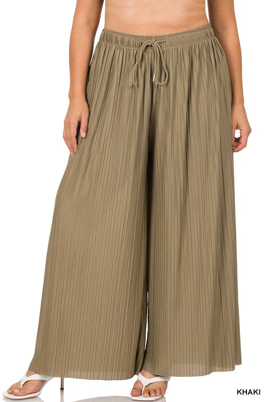 PLUS WOVEN PLEATED WIDE LEG PANTS WITH LINING