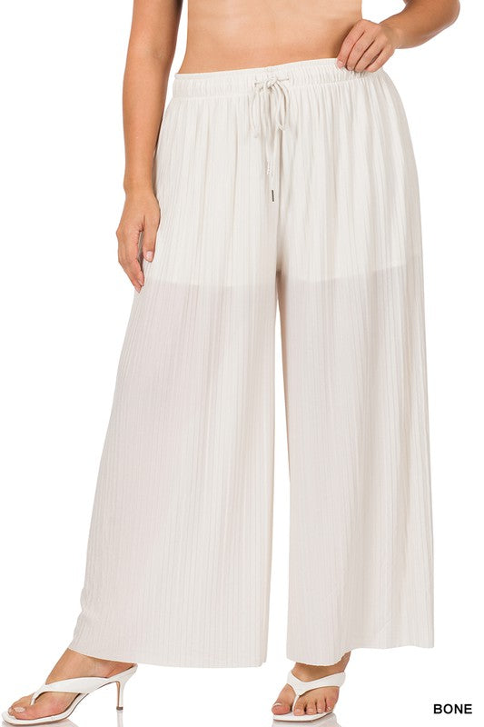 PLUS WOVEN PLEATED WIDE LEG PANTS WITH LINING