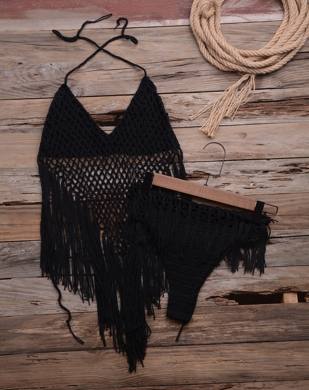Internet Hand Woven Beach Hollow Out Cutout Tassel Split Swimsuit Set Factory Direct