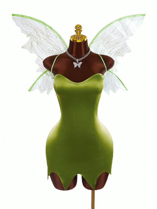 Amplova Y2K Fairycore Green Satin Party Dress – Strapless Backless Lace-Up Dress for Women | Criss-Cross Fairy Dress for Halloween, Cosplay & Events