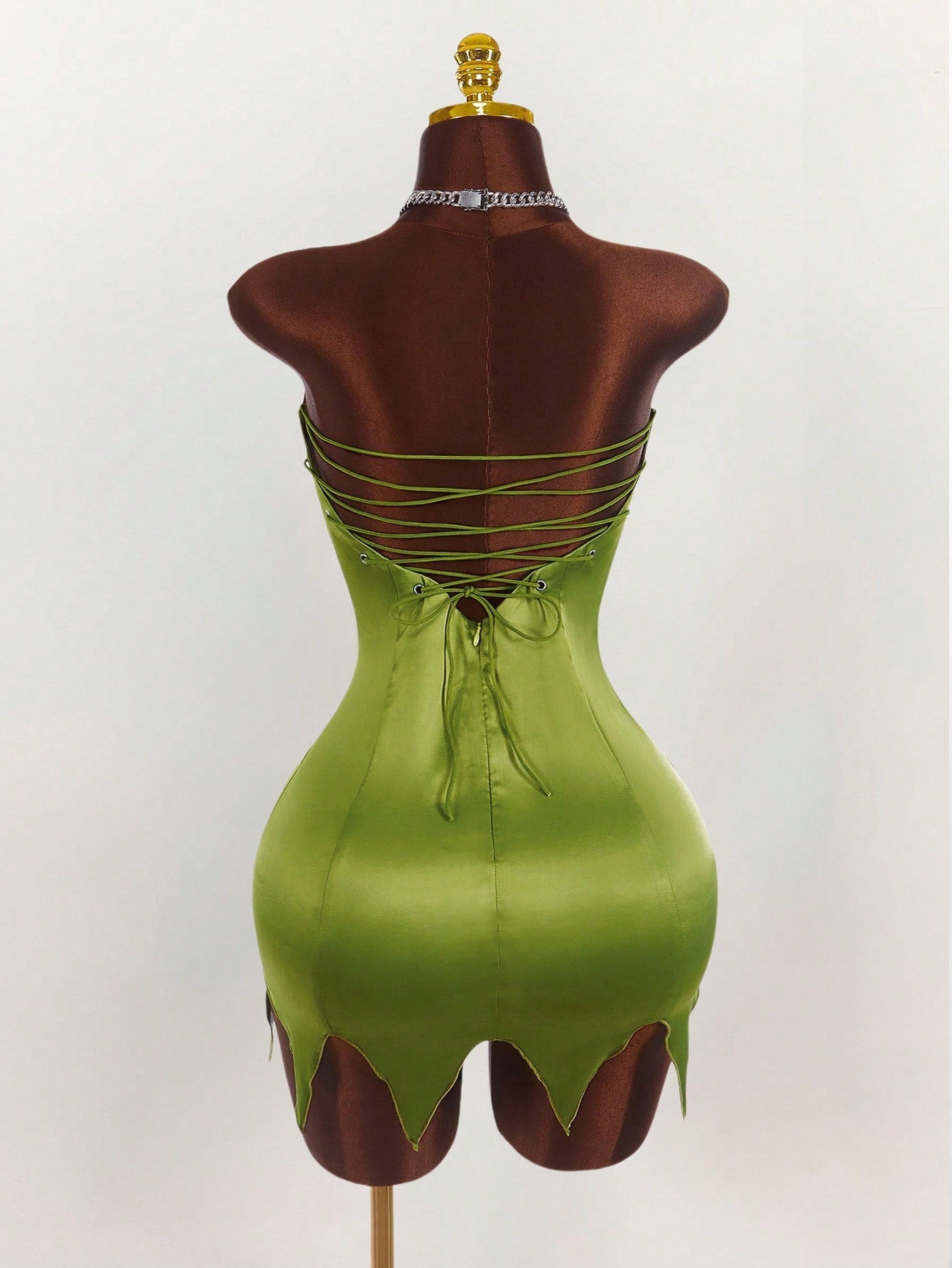 Amplova Y2K Fairycore Green Satin Party Dress – Strapless Backless Lace-Up Dress for Women | Criss-Cross Fairy Dress for Halloween, Cosplay & Events