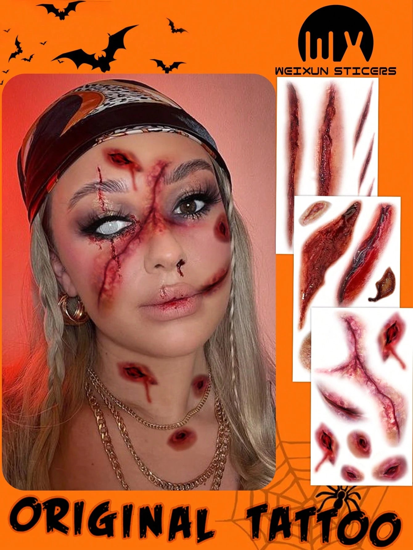 3 Horrible, Realistic, Fake Bloody Palm Wound Suture Scars Waterproof Temporary Tattoo Stickers