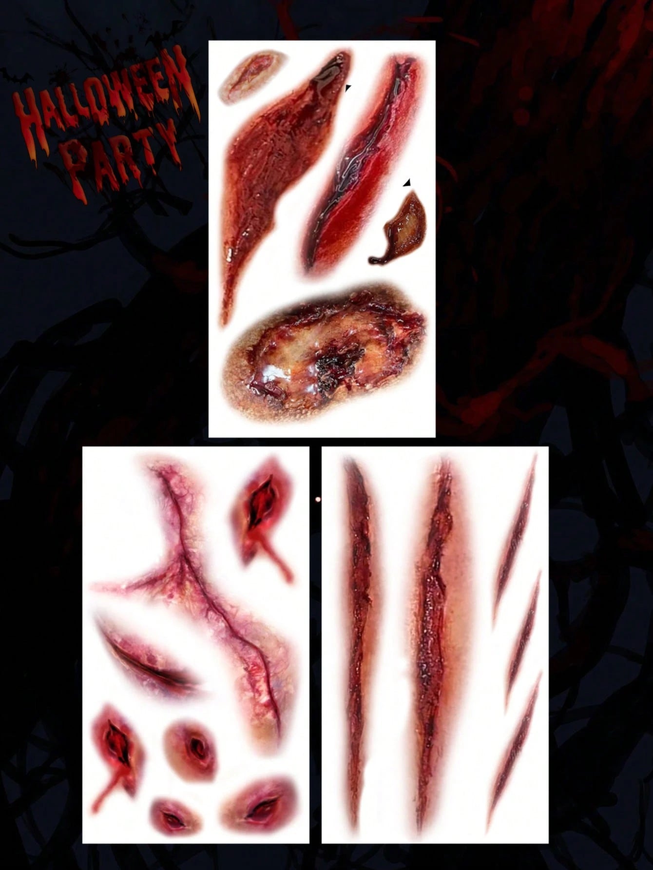 3 Horrible, Realistic, Fake Bloody Palm Wound Suture Scars Waterproof Temporary Tattoo Stickers