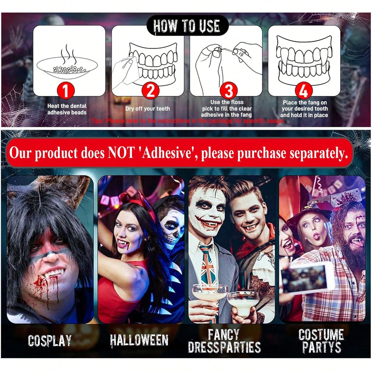Vampire Teeth Fangs for Halloween – Realistic Reusable Vampire Fangs for Men & Women | Cosplay Costume Fake Teeth | Halloween Party Makeup Accessory