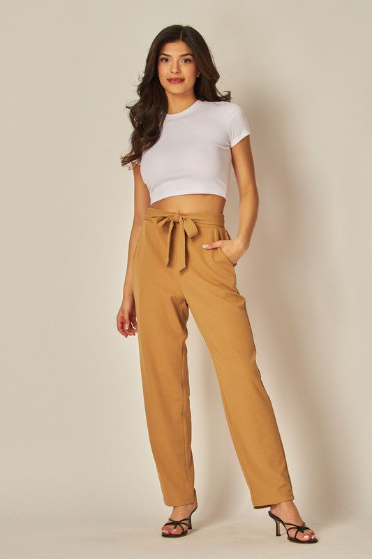 Knit Crepe High Waist Self Tie Straight Pants