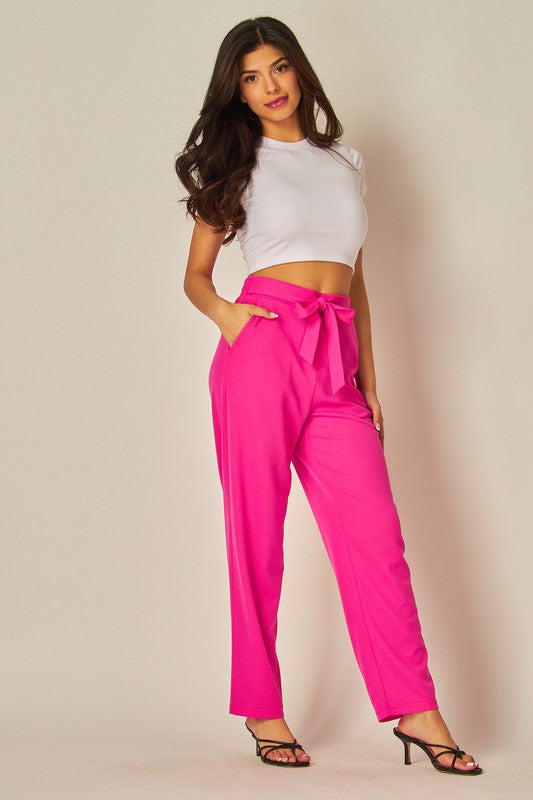 Knit Crepe High Waist Self Tie Straight Pants