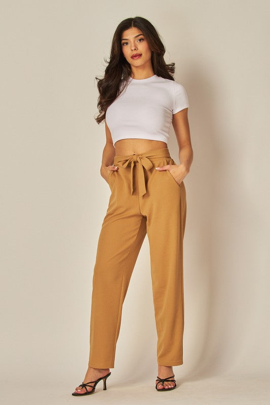 Knit Crepe High Waist Self Tie Straight Pants