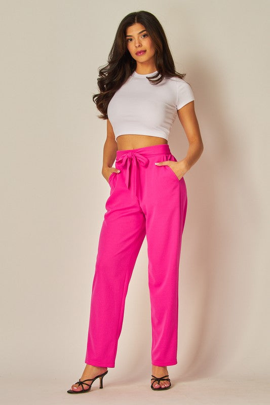 Knit Crepe High Waist Self Tie Straight Pants