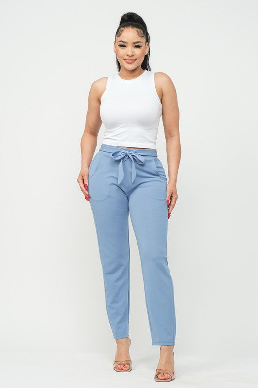Knit Crepe High Waist Self Tie Straight Pants