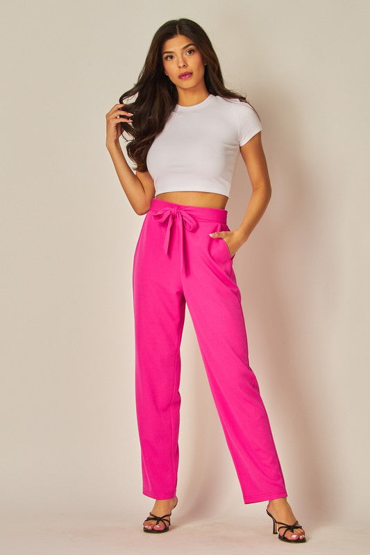 Knit Crepe High Waist Self Tie Straight Pants