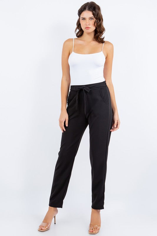 Knit Crepe High Waist Self Tie Straight Pants