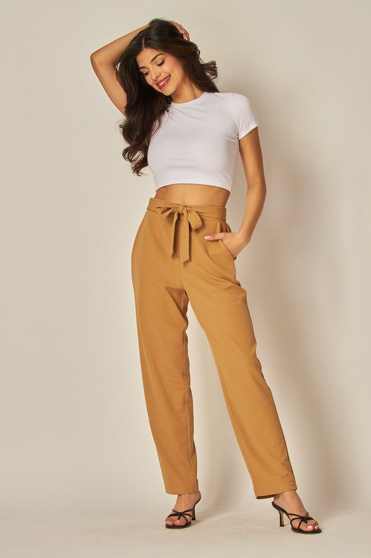 Knit Crepe High Waist Self Tie Straight Pants