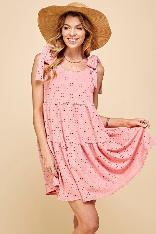 SOLID HOLLOW TIERED MIDI DRESS WITH RIBBON TIE