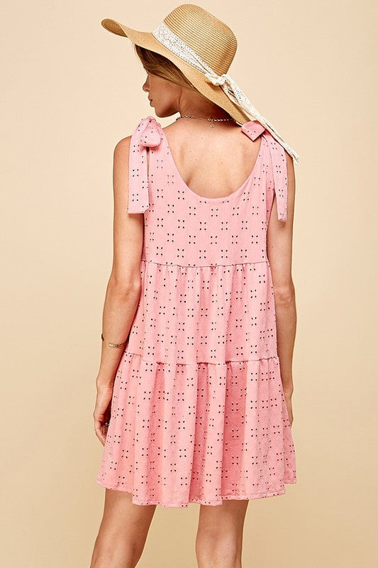 SOLID HOLLOW TIERED MIDI DRESS WITH RIBBON TIE