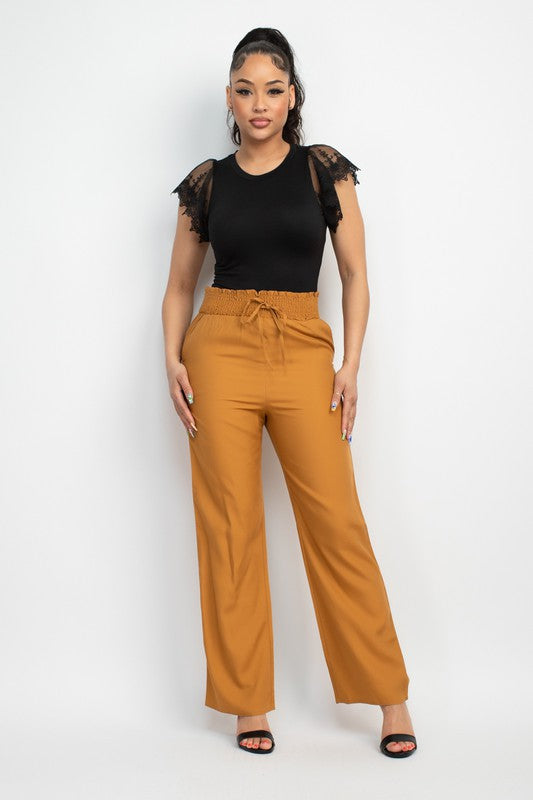 Smocked Waist Solid Full Pants