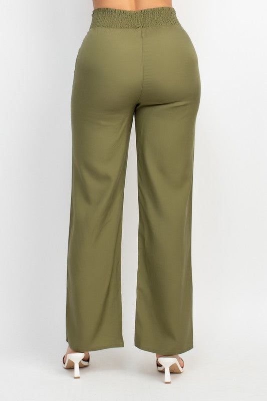 Smocked Waist Solid Full Pants