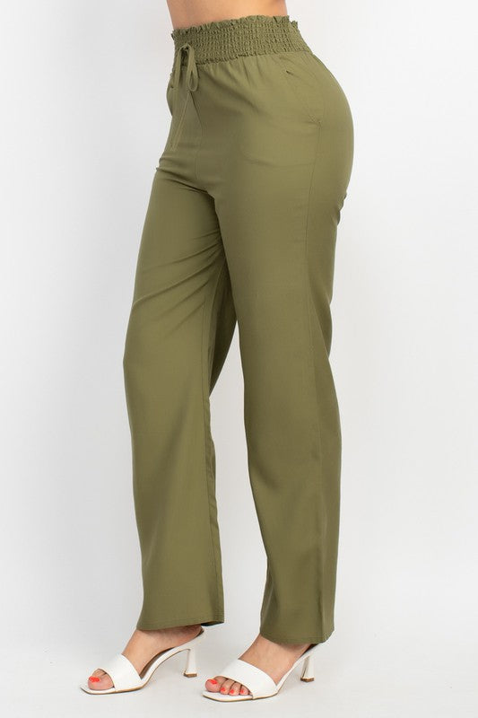 Smocked Waist Solid Full Pants