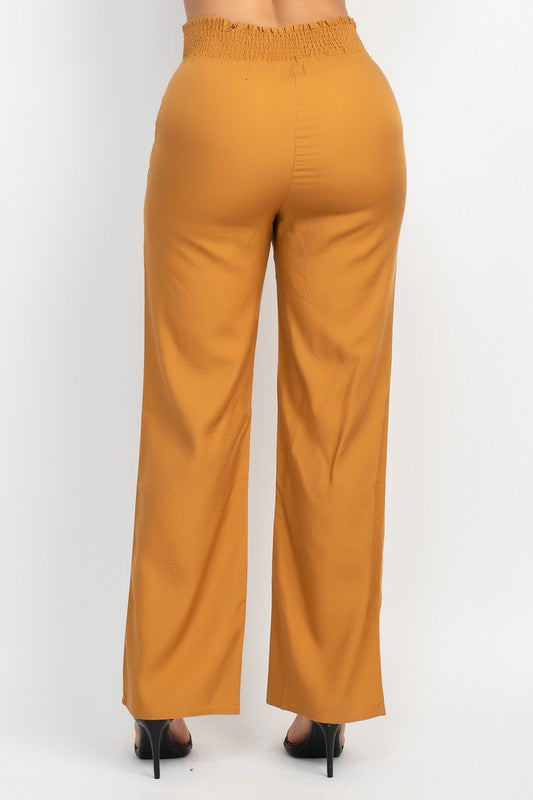 Smocked Waist Solid Full Pants