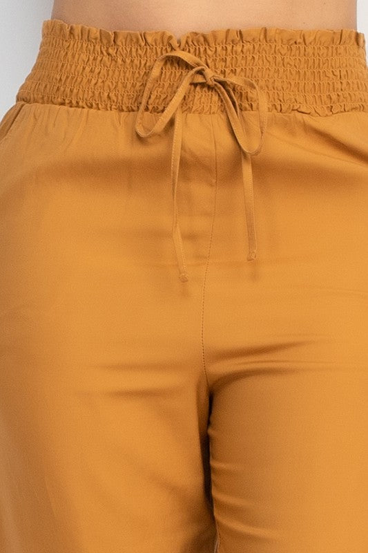 Smocked Waist Solid Full Pants