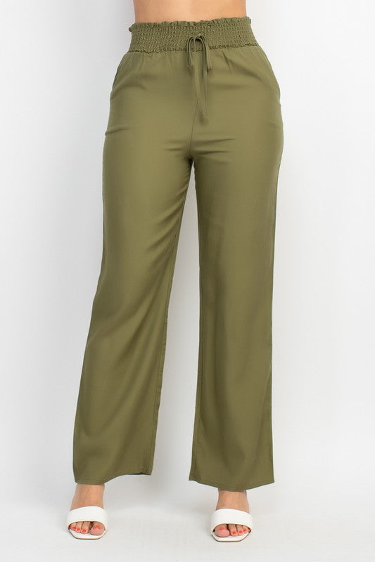 Smocked Waist Solid Full Pants