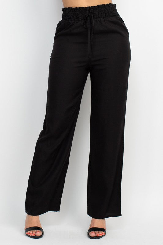 Smocked Waist Solid Full Pants