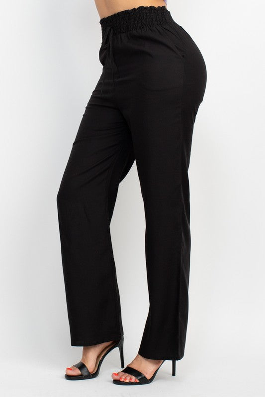 Smocked Waist Solid Full Pants