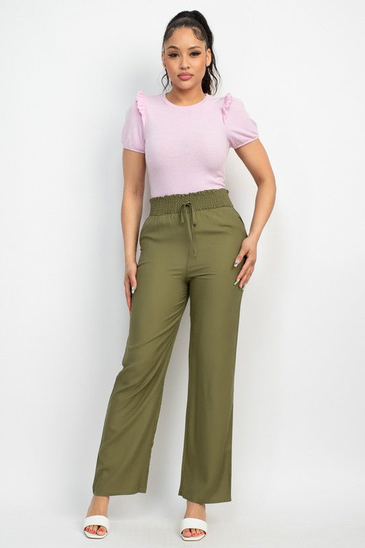 Smocked Waist Solid Full Pants