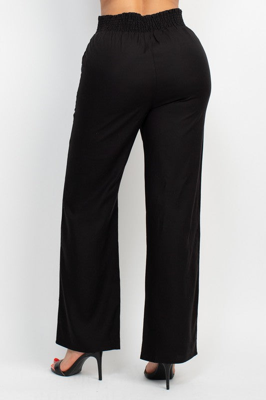 Smocked Waist Solid Full Pants