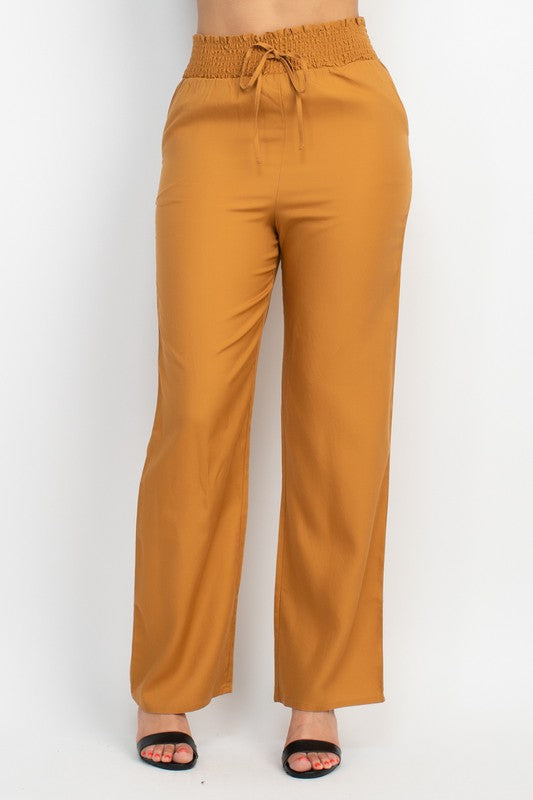Smocked Waist Solid Full Pants