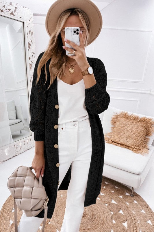 Eyelet Sweater Button Cream Black Pink Cardigan