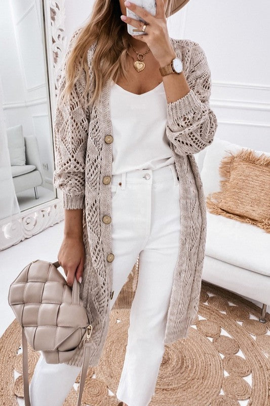 Eyelet Sweater Button Cream Black Pink Cardigan