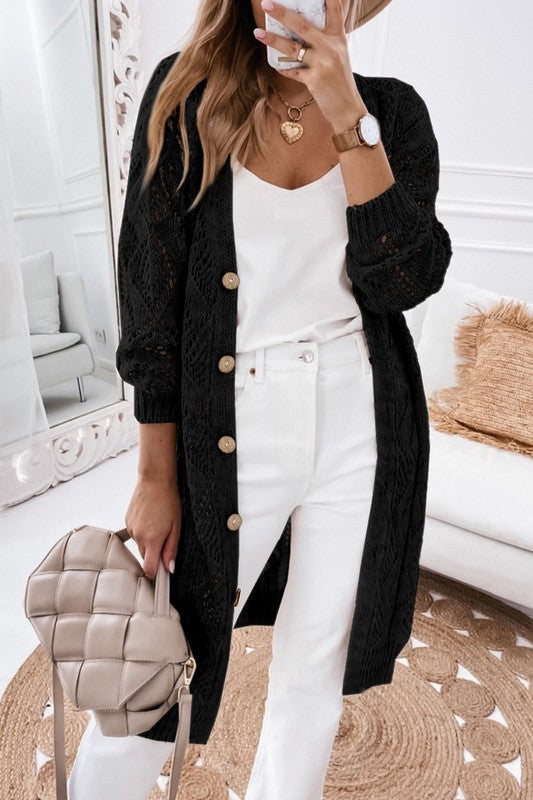 Eyelet Sweater Button Cream Black Pink Cardigan