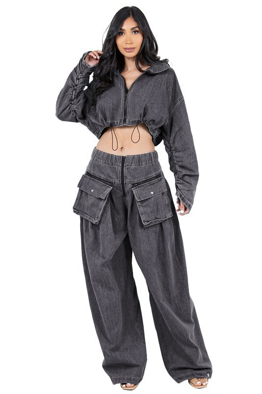Denim Two Piece Pant Set