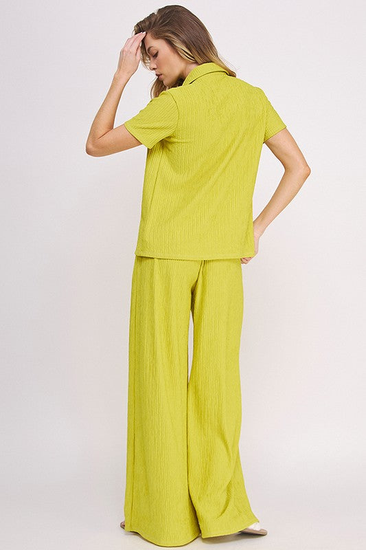 Plus Textured Short SLV Button Down/Wide Pants Set