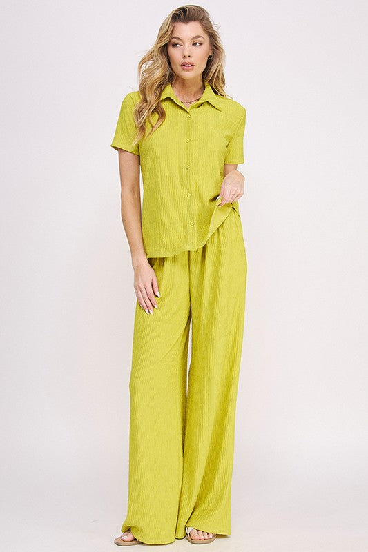 Plus Textured Short SLV Button Down/Wide Pants Set
