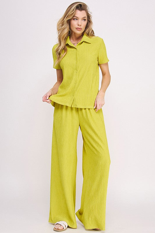 Plus Textured Short SLV Button Down/Wide Pants Set