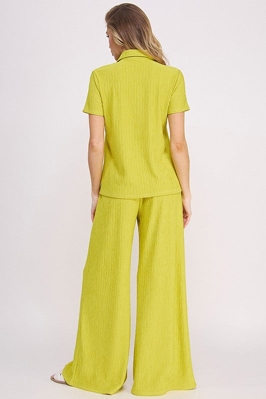 Plus Textured Short SLV Button Down/Wide Pants Set