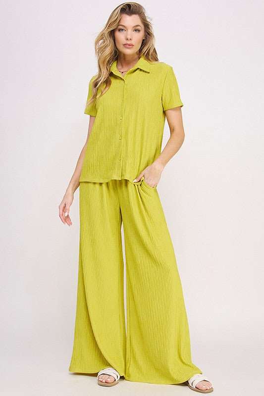 Plus Textured Short SLV Button Down/Wide Pants Set