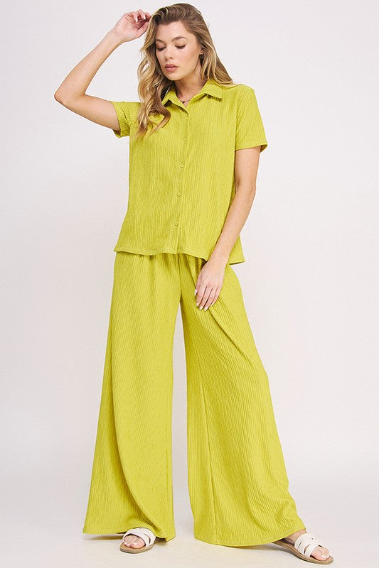 Plus Textured Short SLV Button Down/Wide Pants Set