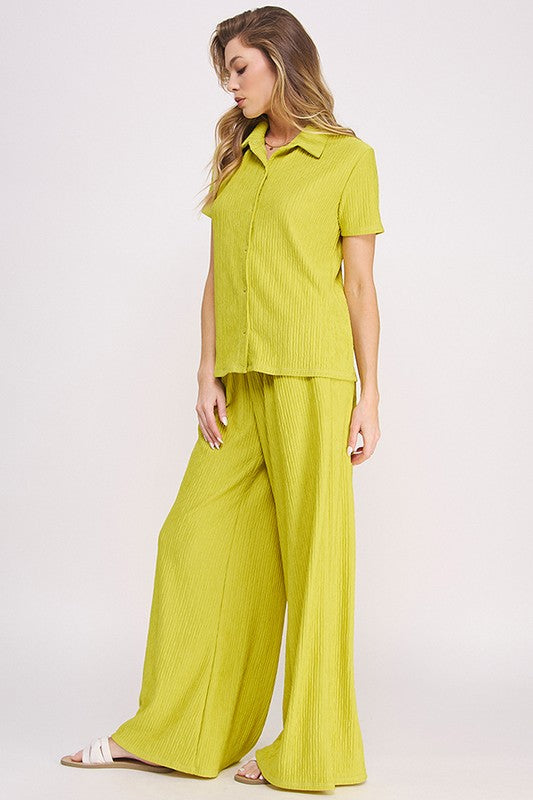 Plus Textured Short SLV Button Down/Wide Pants Set