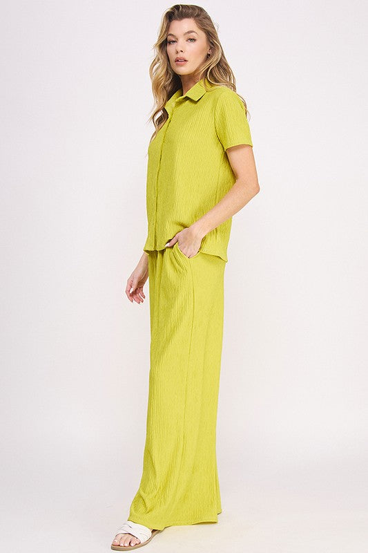Plus Textured Short SLV Button Down/Wide Pants Set