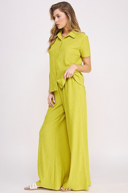 Plus Textured Short SLV Button Down/Wide Pants Set