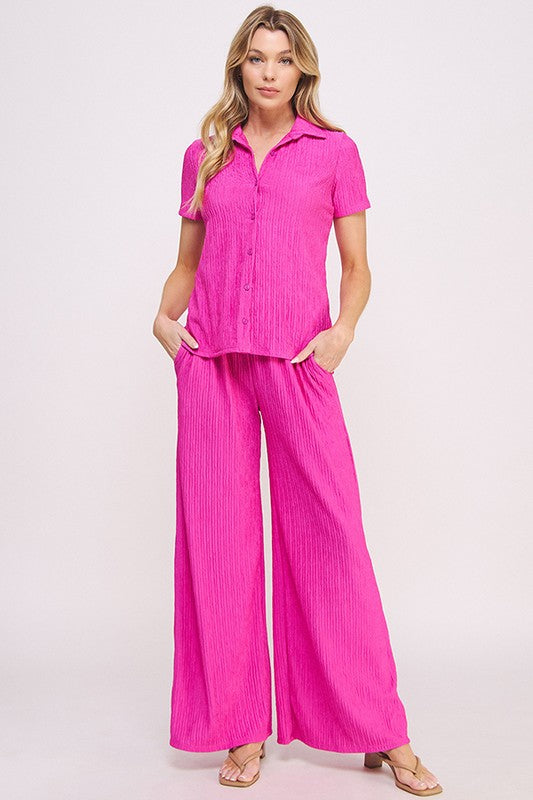 Plus Textured Short SLV Button Down/Wide Pants Set