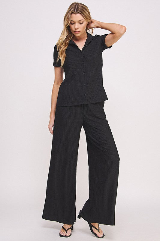 Plus Textured Short SLV Button Down/Wide Pants Set