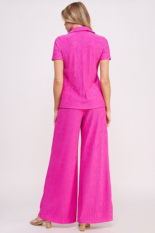 Plus Textured Short SLV Button Down/Wide Pants Set