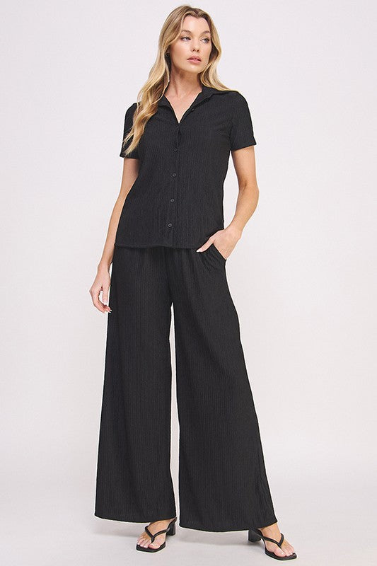 Plus Textured Short SLV Button Down/Wide Pants Set