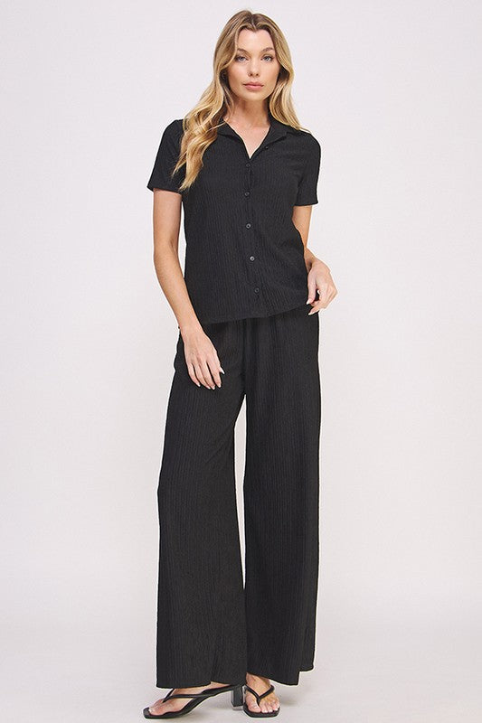 Plus Textured Short SLV Button Down/Wide Pants Set