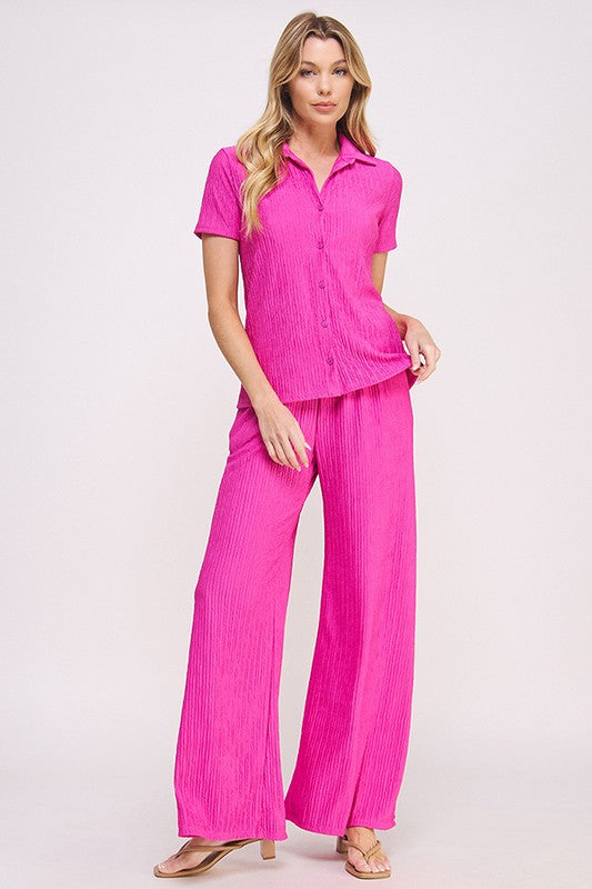 Plus Textured Short SLV Button Down/Wide Pants Set